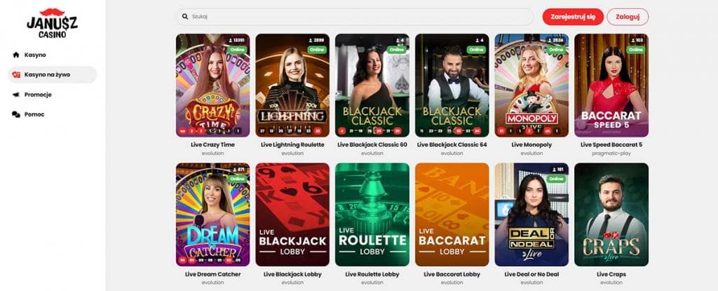 janusz casino, na zywo, blackjack, roulette, baccarat