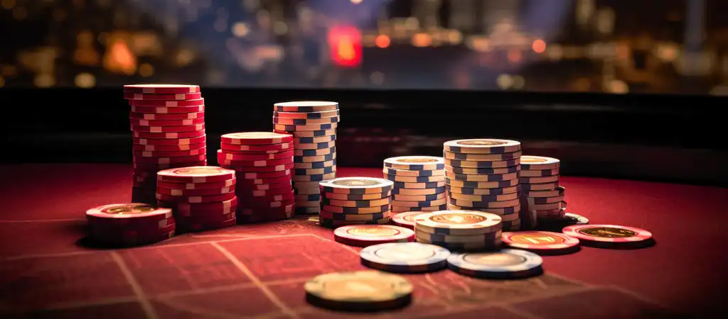 żetony pokerowe, stół do pokera, hazard