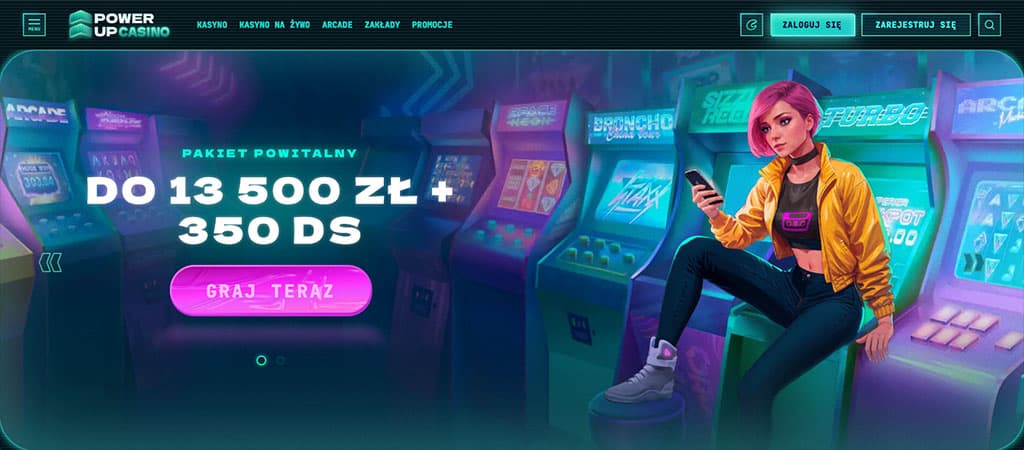 PowerUp Casino, pakiet powitalny 13 500 zł, automaty arcade, 350 darmowych spinów, kasyno online, neonowy styl, zarejestruj się