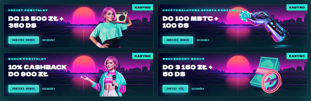 Pakiet powitalny do 13 500 zł +350 DS; krypto bonus 100 mBTC; 10% cashback do 900 zł; weekend bonus 3 150 zł +50 DS
