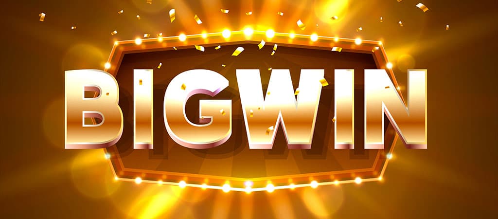 duża wygrana, napis BIG WIN, złote oświetlenie, świetlna ramka, konfetti, kasyno, triumf, sukces, promocja, wygrana życia
