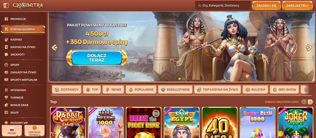 kasyno online, pakiet powitalny, 4500 zł + 350 darmowych spinów, Cleobetra, automaty do gry, egipski motyw, gry kasynowe