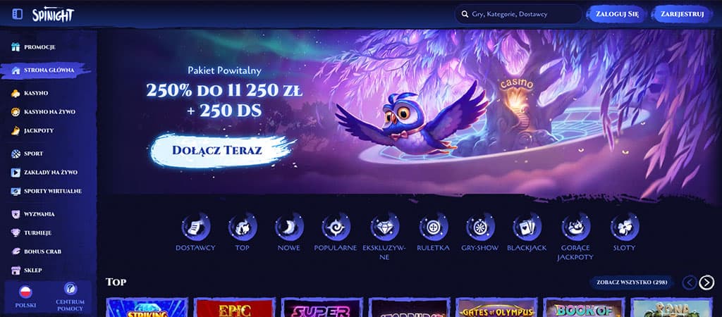 kasyno online, pakiet powitalny 250%, do 11 250 zł + 250 darmowych spinów, Spinight, dołącz teraz, gry kasynowe