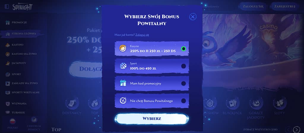 wybierz bonus powitalny, 250 darmowych spinów, Spinight kasyno, sportowy bonus, kod promocyjny, rejestracja
