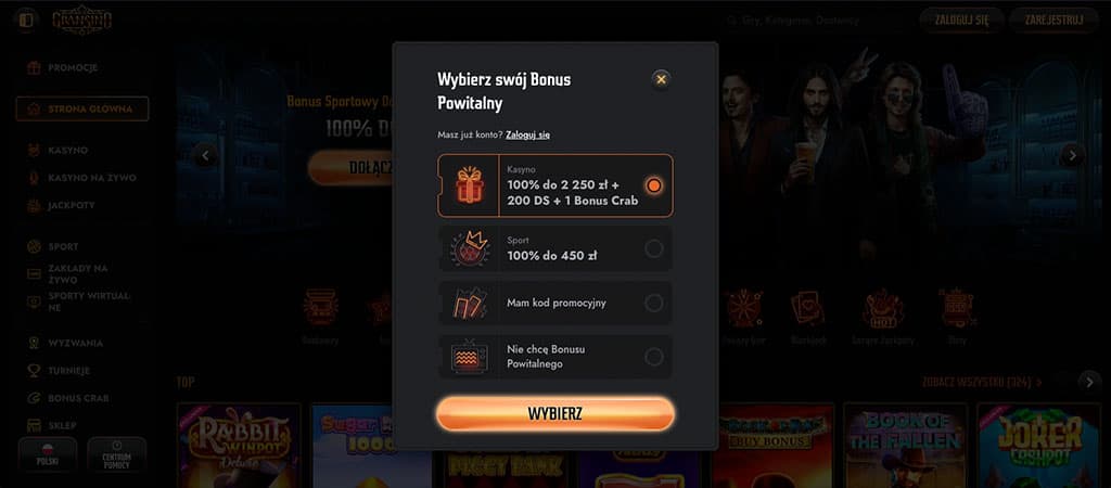 wybierz bonus powitalny, kasyno 100% do 2250 zł + 200 darmowych spinów, kod promocyjny, Gransino kasyno, rejestracja