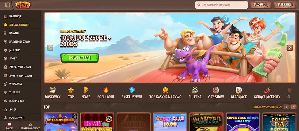 StoneVegas logo, kreskówkowe postacie, dinozaur, podróż samochodem, bonus powitalny 100% do 2250 zł, kasyno online