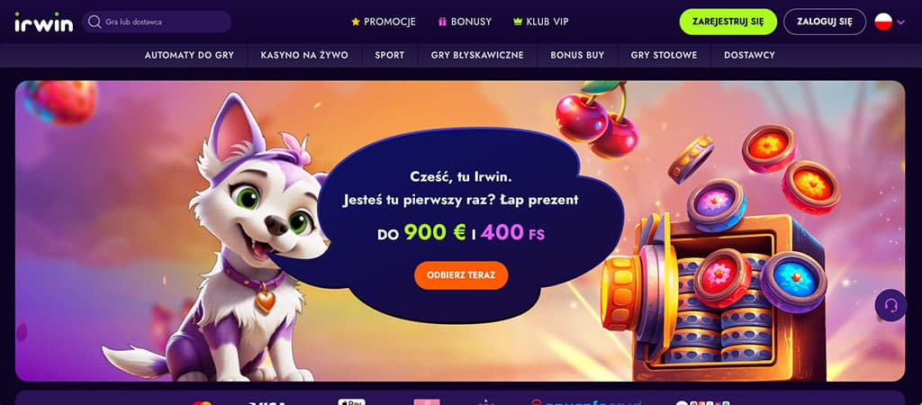 Irwin Casino logo, kreskówkowy pies, skrzynia żetonów, bonus do 900 €+400 darmowych spinów, polski interfejs