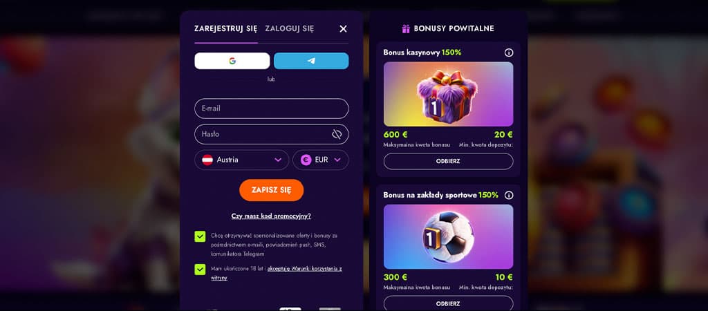 formularz rejestracji Irwin Casino, e-mail, hasło, wybór kraju/waluty, Google/Telegram, bonus powitalny kasyno