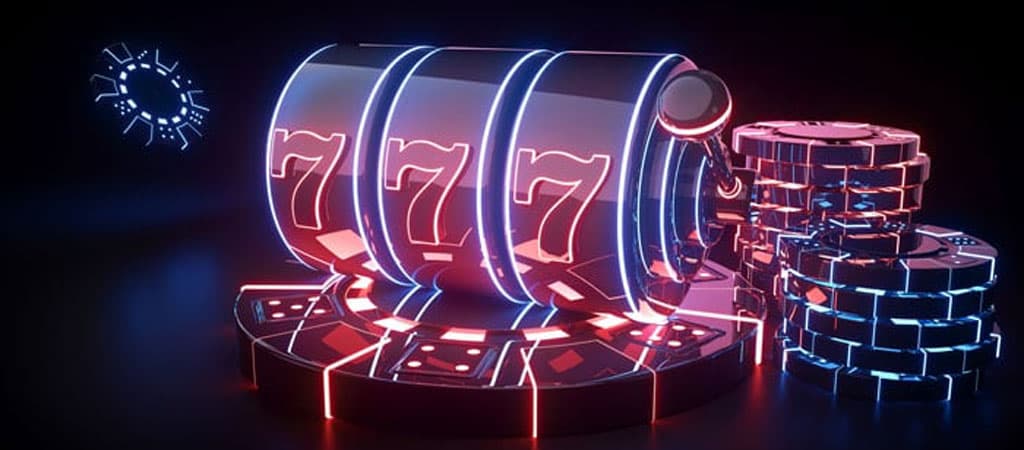 automat do gry neon, trzy symbole 7, futurystyczna grafika, niebiesko-czerwone oświetlenie, stosy żetonów, kasyno cyfrowe