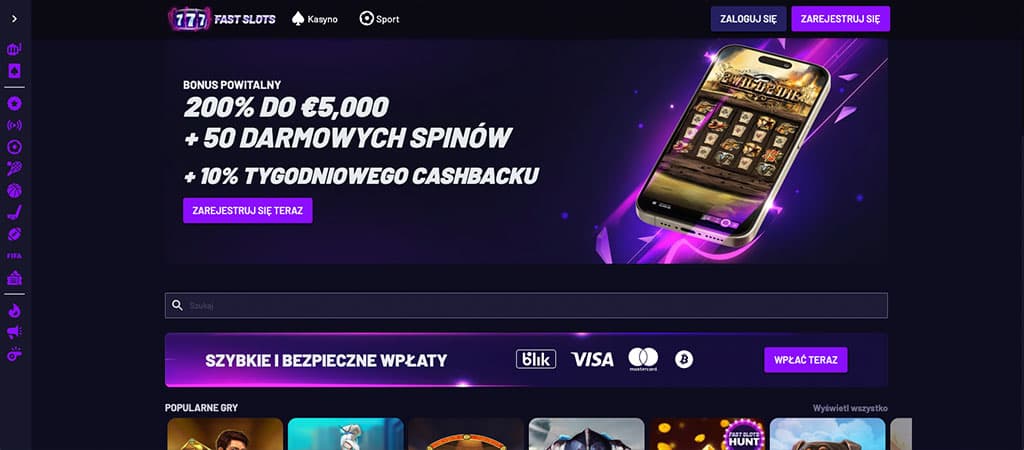 Fast Slots logo, smartfon z automatem, bonus powitalny, darmowych spinów, 10% cashback, ikony płatności, ciemne fioletowe tło