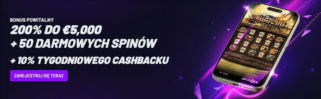 slot na smartfonie, bonus powitalny 200% do €5000, 50 darmowych spinów, 10% tygodniowego cashbacku, fioletowe tło