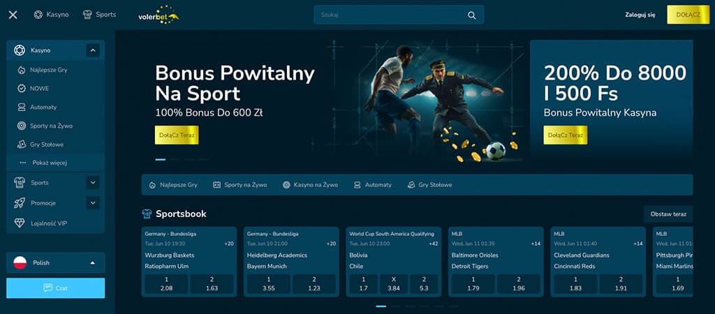 Volerbet, kasyno, sport, menu boczne, kategorie gier, banery bonusowe, tabela kursów na żywo