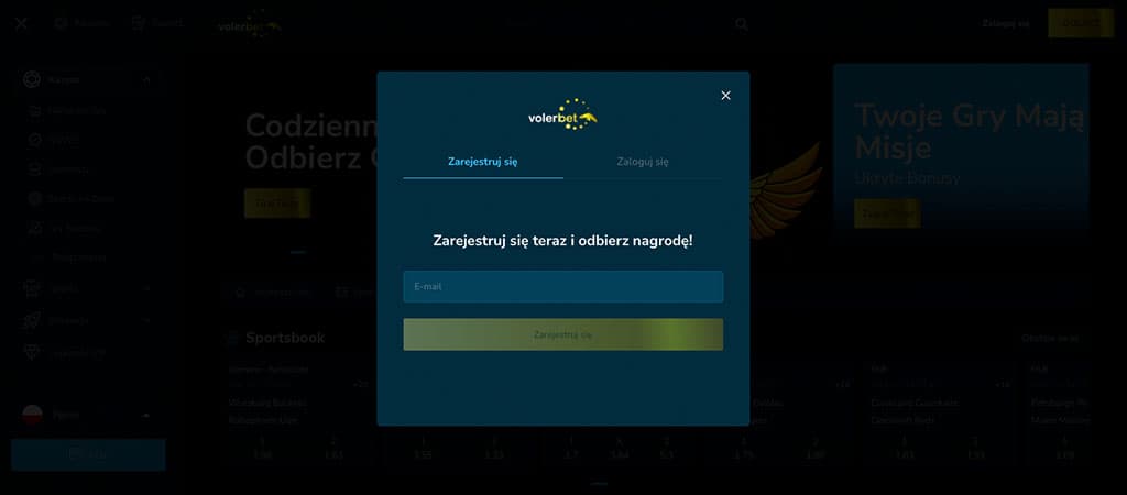 modal rejestracji, logo Volerbet, zakładka Zarejestruj się, Zarejestruj się teraz i odbierz nagrodę!, pole E-mail