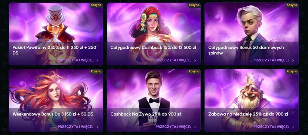 fioletowe tło, 6 kart bonusowych: pakiet powitalny, cotygodniowy cashback, darmowe spiny, weekendowy bonus