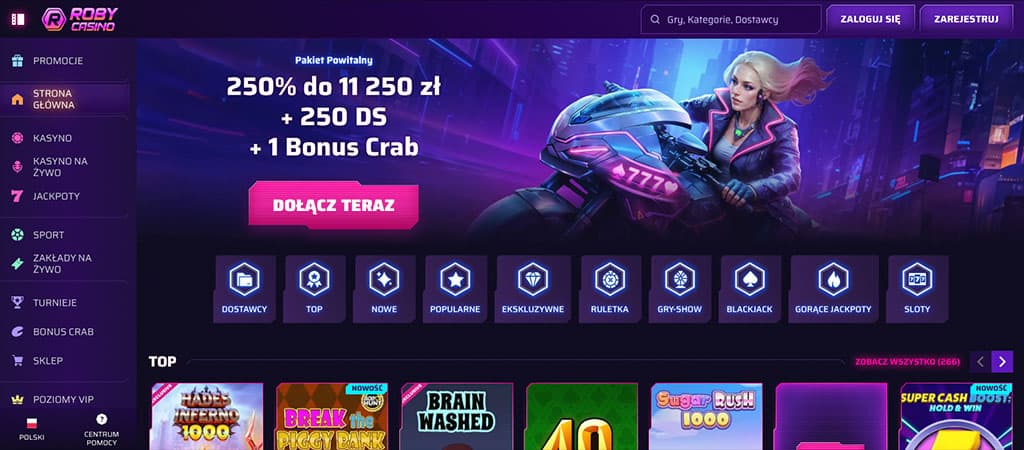 fioletowe tło, Roby Casino, boczne menu, baner 250% do 11 250 zł + 250 DS + Bonus Crab, przycisk Dołącz teraz, ikony gier