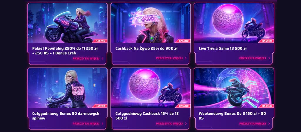 fioletowe tło, 6 kart bonusowych, motocykl, Pakiet Powitalny 250% do 11250zł + 250DS, Bonus Crab, Cashback 25% do 900 zł