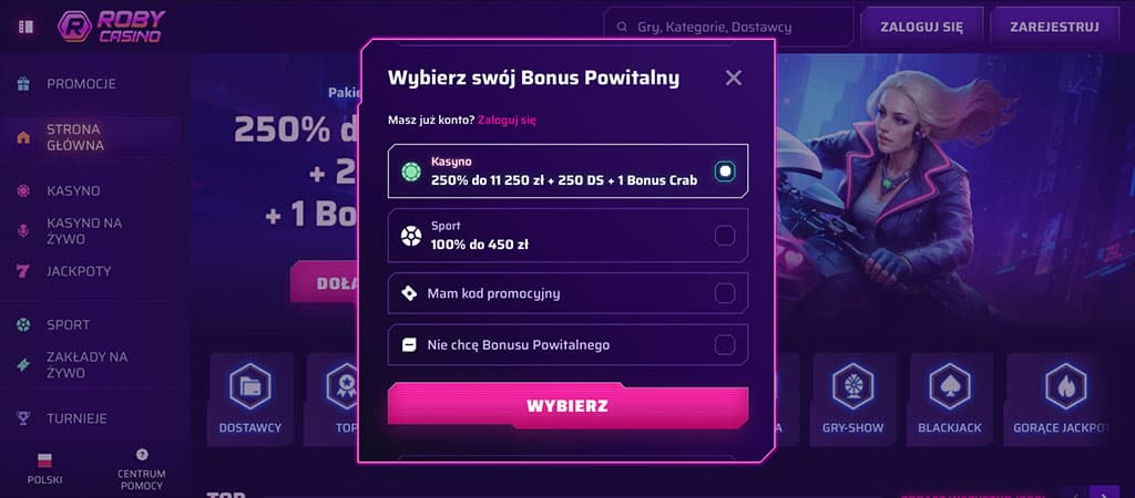 modal wyboru bonusu powitalnego, opcje: kasyno, sport, kod promocyjny, brak bonusu, przycisk Wybierz