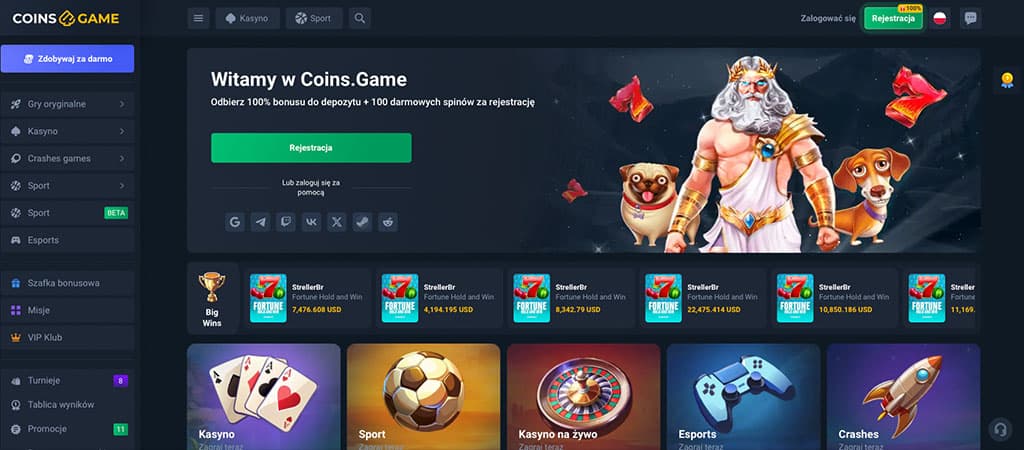 boczne menu, logo Coins.Game, Zdobywaj za darmo, baner powitalny, przycisk Rejestracja, Zeus z psami, ikony Kasyno