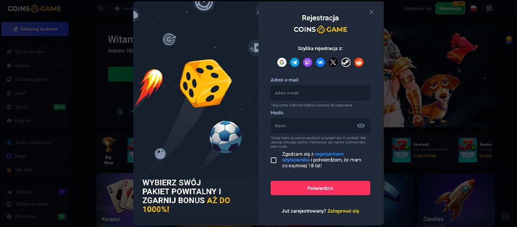 modal rejestracji, logo Coins.Game, ikony szybkiego logowania, pole e-mail, pole hasło, checkbox regulamin, przycisk Potwierdź