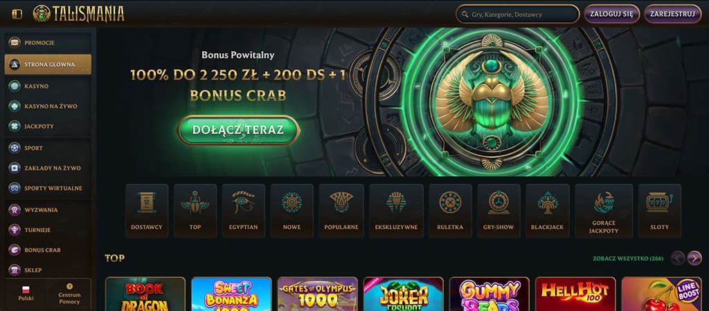 Talismania strona główna, menu lewe, bonus 100% do 2250 zł+200 DS+Bonus Crab, przycisk Dołącz teraz, ikony gier