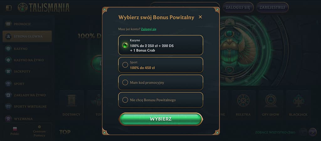 popup rejestracji, bonus powitalny, Bonus Crab, sport, kod promocyjny, brak bonusu, Wybierz