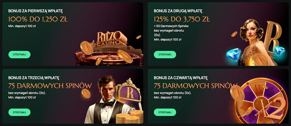 bonusy, pierwsza wpłata, 100%, 1250 zł, druga wpłata, darmowe spiny, bez obrotu, Ritzo Casino, kobieta, mężczyzna