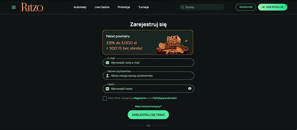 formularz rejestracyjny, Ritzo Casino, tworzenie konta, kasyno online, dane użytkownika, interfejs, ekran logowania