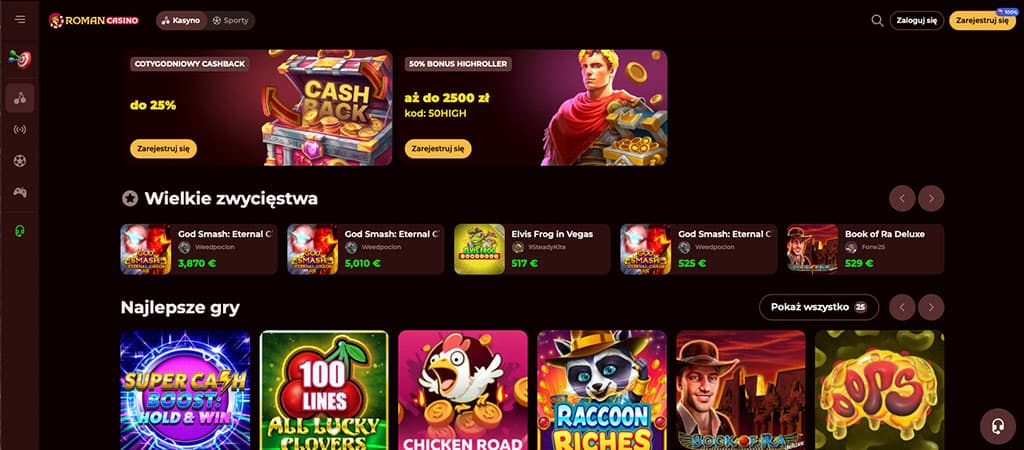 kasyno online, Roman Casino, bonus powitalny, darmowe spiny, złote monety, styl retro, lobby kasyna