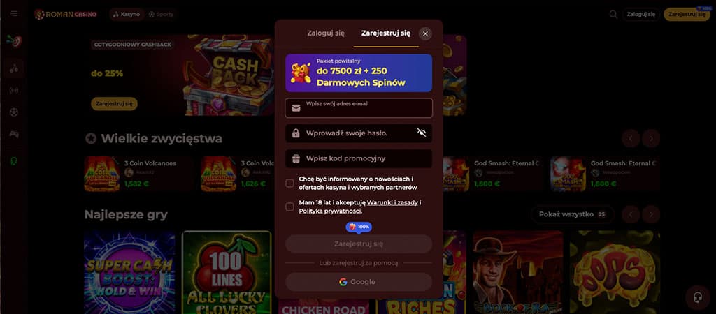 Roman Casino, formularz rejestracyjny, tworzenie konta, dane osobowe, ekran logowania, kasyno online, panel użytkownika