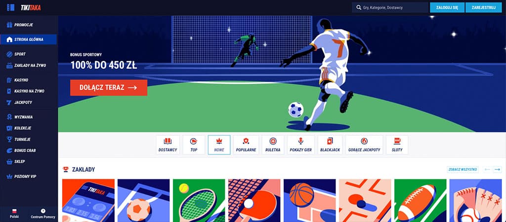 TikiTaka casino, strona główna, zakłady sportowe, bonus powitalny, piłka nożna, kasyno, gry, promocje, rejestracja, logowanie
