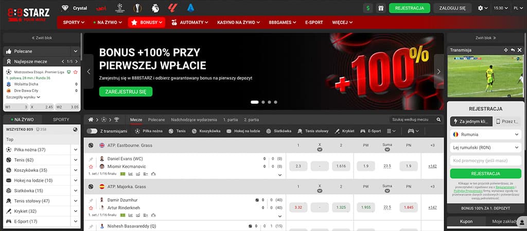 zakłady sportowe, kasyno na żywo, bonus powitalny, rejestracja, transmisja na żywo, tenis, piłka nożna, e-sport, 100% bonus