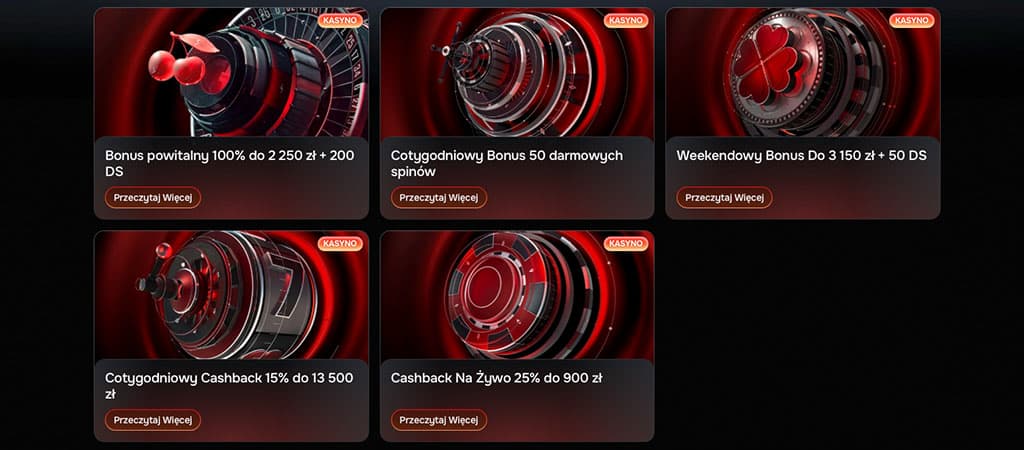 Bonusy Revolution Casino, bonus powitalny, spinów, cotygodniowy bonus, cashback, bonus weekendowy, czerwono-czarna grafika