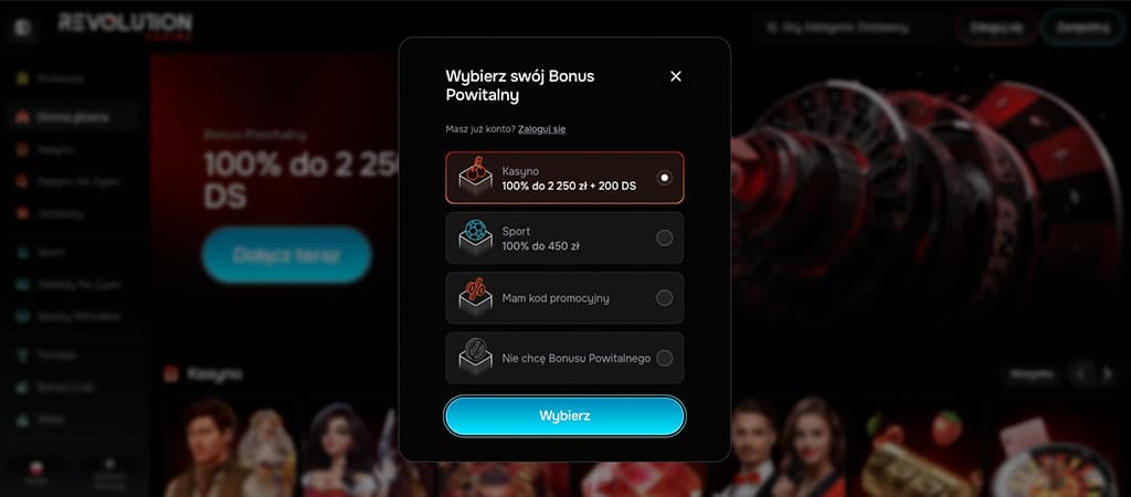 bonus powitalny, kasyno, spinów, bonus sportowy, kod promocyjny, brak bonusu, ciemny motyw, rejestracja Revolution Casino