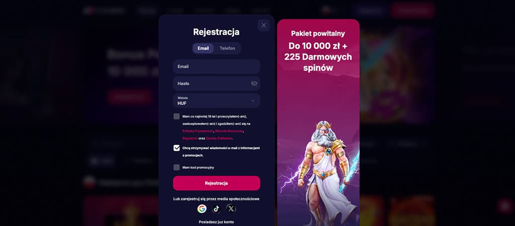 rejestracja, kasyno online, pakiet powitalny, 225 darmowych spinów, formularz, Zeus, email, hasło, waluta, bonus powitalny