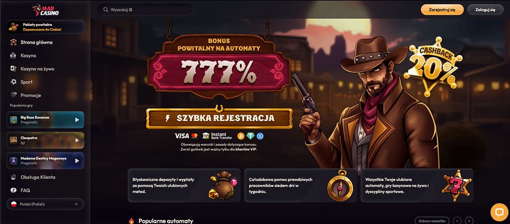 bonus powitalny, cashback 20%, szybka rejestracja, kowboj, automat, kasyno online, gry, depozyty, wypłaty, Mad Casino, sloty