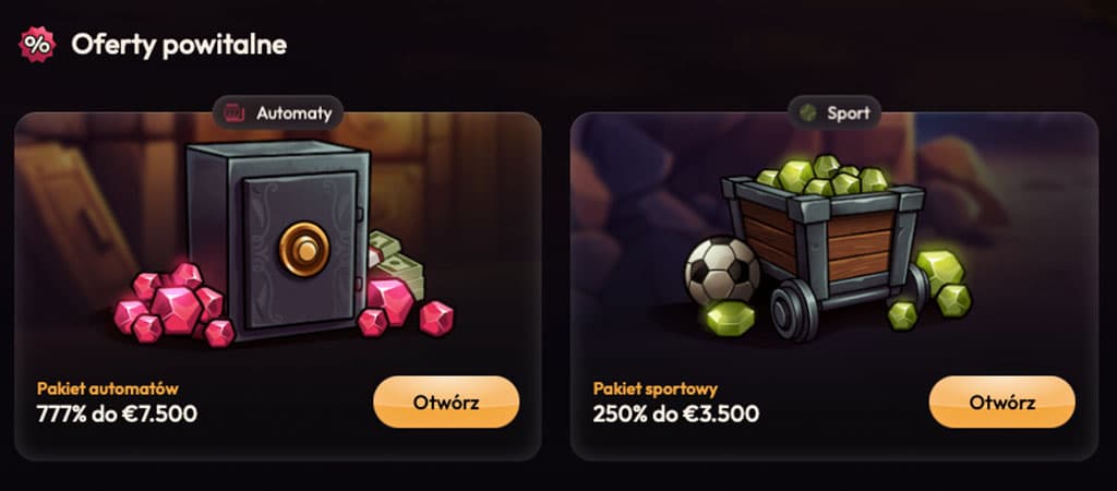 oferty powitalne, pakiet automatów, 7500€, pakiet sportowy, 3500€, sejf, klejnoty, piłka nożna, wózek, kasyno online