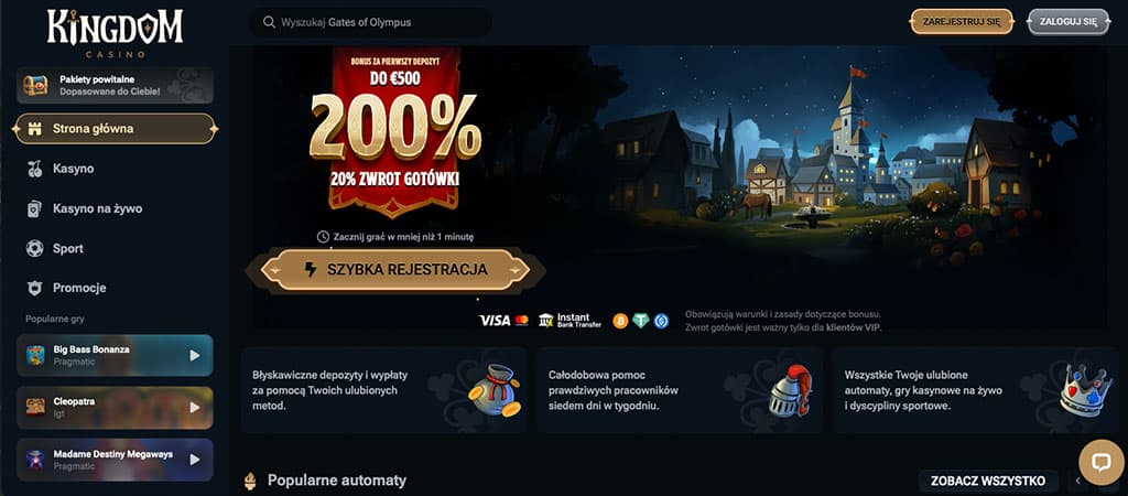 Kingdom Casino, bonus, zwrot gotówki, szybka rejestracja, kasyno online, automaty, kasyno na żywo, gry sportowe, VIP oferta