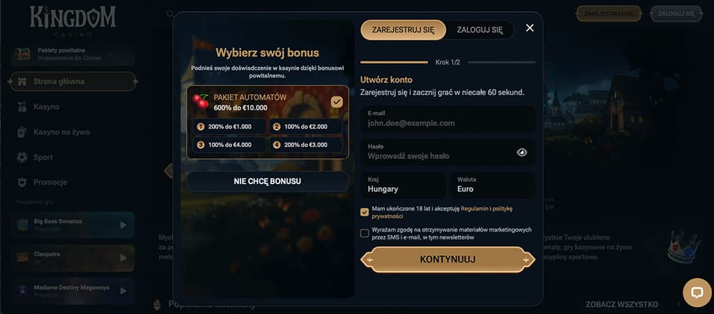 rejestracja kasyno, wybierz bonus, pakiet automatów, konto kasyno, e-mail, kraj Węgry, Euro, kontynuuj, bonus powitalny