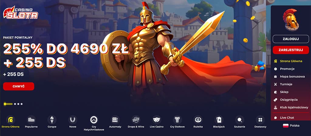 bonus powitalny, Casino Slota, darmowych spinów, rejestracja, gry kasynowe, automat, gladiator, złote monety, Polska