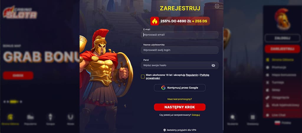 rejestracja, Casino Slota, darmowych spinów, formularz rejestracyjny, wojownik, konto kasynowe, logowanie, promocja powitalna