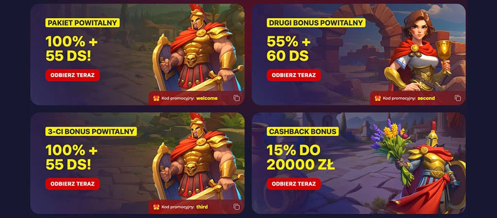 bonus powitalny, darmowe spiny, cashback, promocje kasynowe, gladiator, kobieta z kielichem, bukiet kwiatów, kod promocyjny