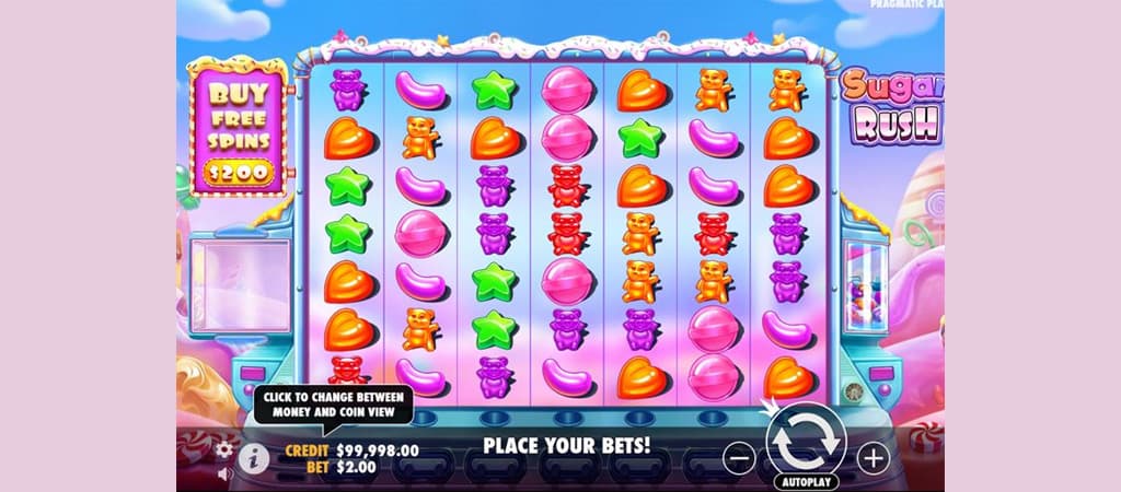 slot cukierkowy, Sugar Rush, kolorowe żelki, opcja zakupu spinów, automat do gry, przycisk autoplay, zakręć bębnem, gra online