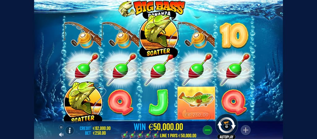 Big Bass Bonanza, automat do gier, scatter, wygrana, symbole wędkarskie, pod wodą, przynęty, linia wypłat, autoplay, zakład