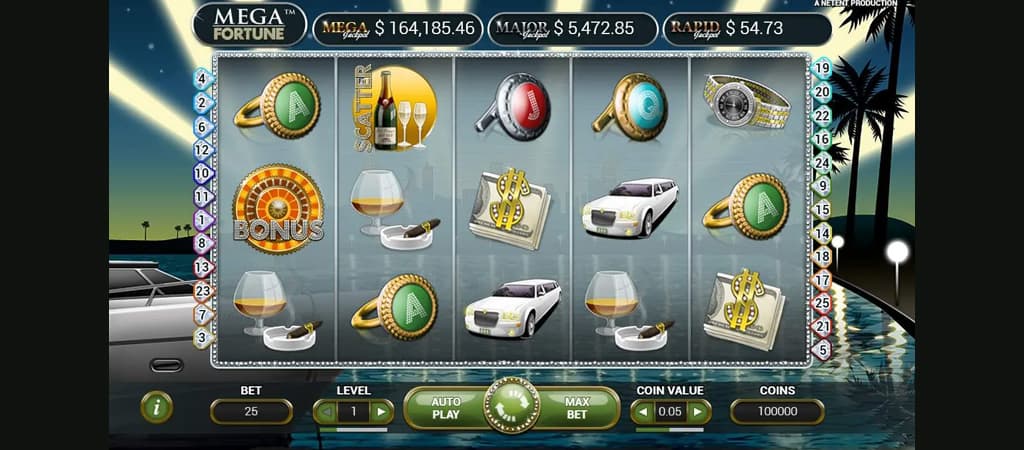 Mega Fortune, automat online, motyw luksusu, jackpot, pieniądze, samochód, pierścień, drink, klimat kasyna, palmy, gra NetEnt