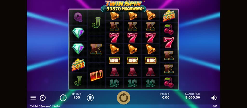 Twin Spin Megaways, automat online, neonowy styl, diament, siódemki, dzwonki, Scatter, Wild, gra NetEnt, linie wygrywające