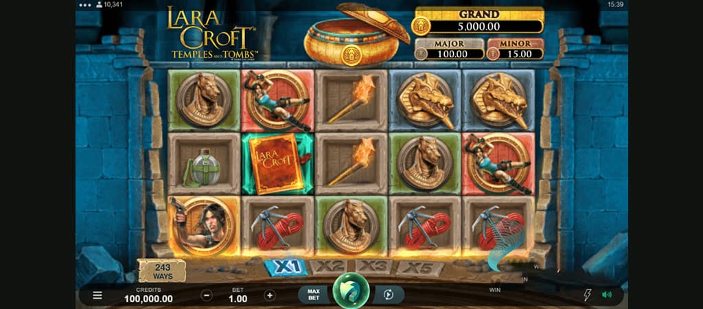 Lara Croft Temples and Tombs, automat online, egipskie, symbole skarbów, eksploracja, bohaterka Lara, multiplayery, skarbiec