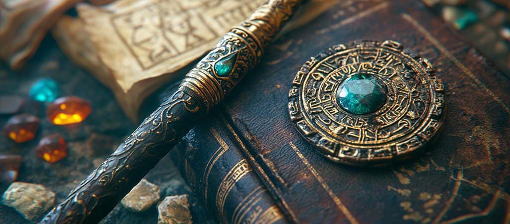 starożytna księga zaklęć, ozdobna różdżka, szmaragd, złoty amulet, mistyczne symbole, pergamin, klejnoty