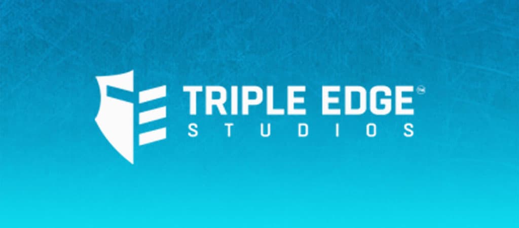 Triple Edge Studios, logo, deweloper gier kasynowych, dostawca slotów online, studio gier, niebieskie tło
