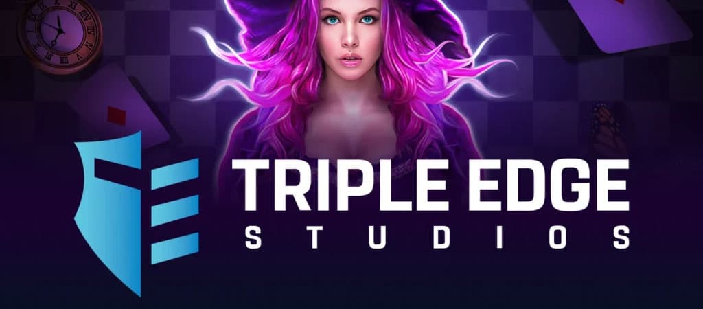 Triple Edge Studios, logo, studio gier kasynowych, dostawca slotów online, kobieta z różowymi włosami, karty do gry, zegar