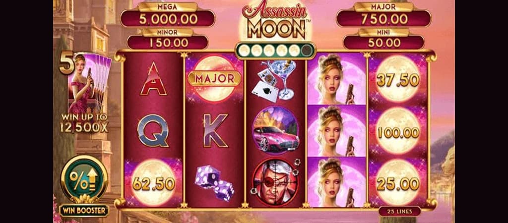 automat do gier, Assassin Moon, symbole kasynowe, jackpot, darmowe spiny, elegancka bohaterka, luksusowe, hazard online